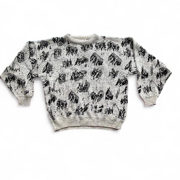 Vintage Florenzi Collection Abstract Knit Sweater Gray Black Pattern L/XL - Picture 1 of 5